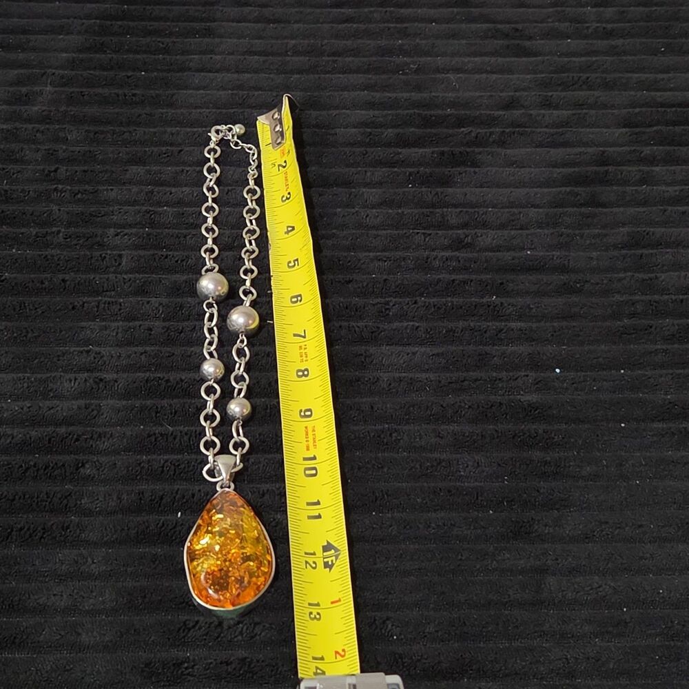 Vintage Faux Amber Necklace Clip On Earrings Set Silver Tone Teardrop Shimmer - Picture 14 of 16